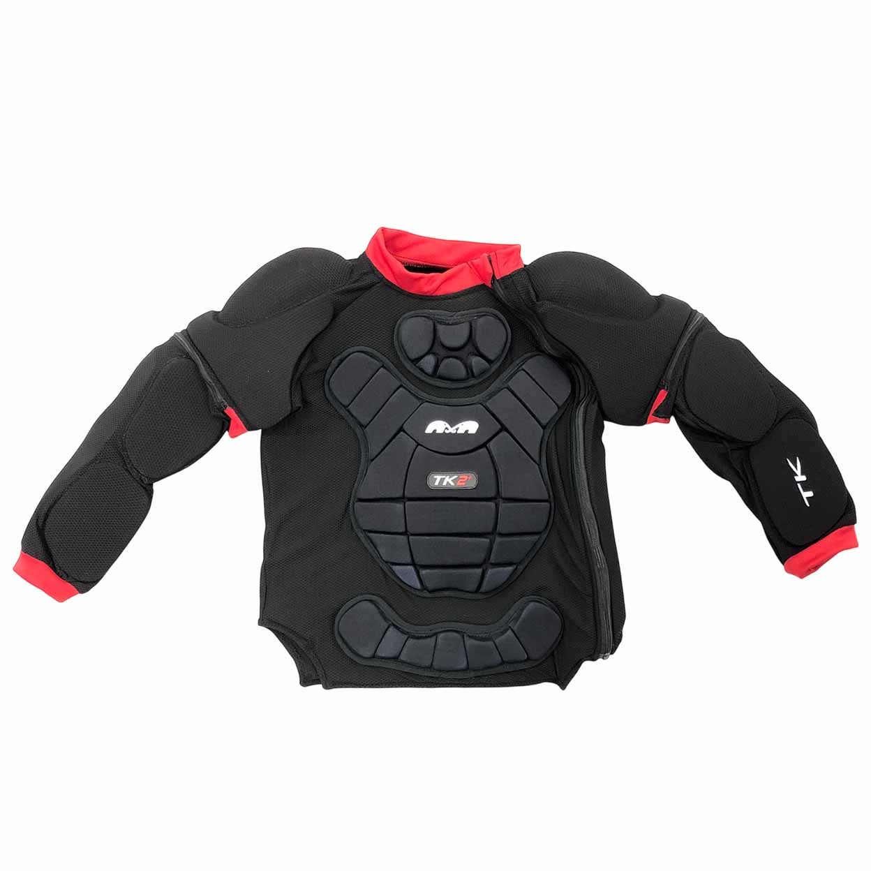 Full view of the same black goalie chest protector laid flat. The red collar and cuffs contrast with the black padding, which covers the front torso and both arms. The TK 2+ logo is visible on the chest, and the TK brand is printed on the right forearm.