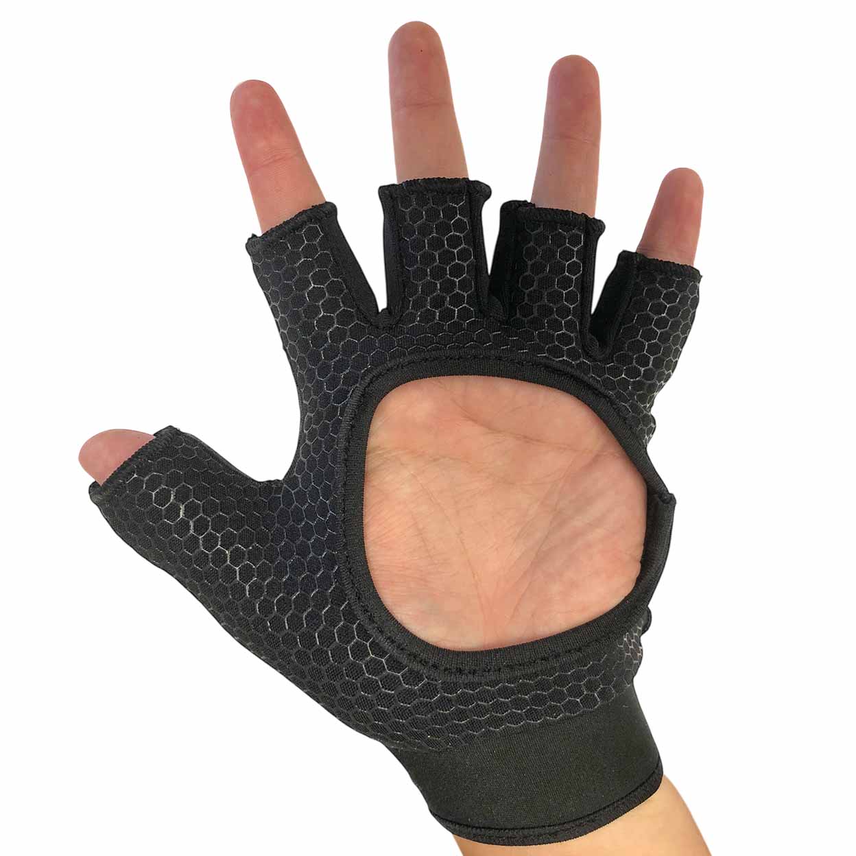 Black half-finger glove with honeycomb pattern on a white background