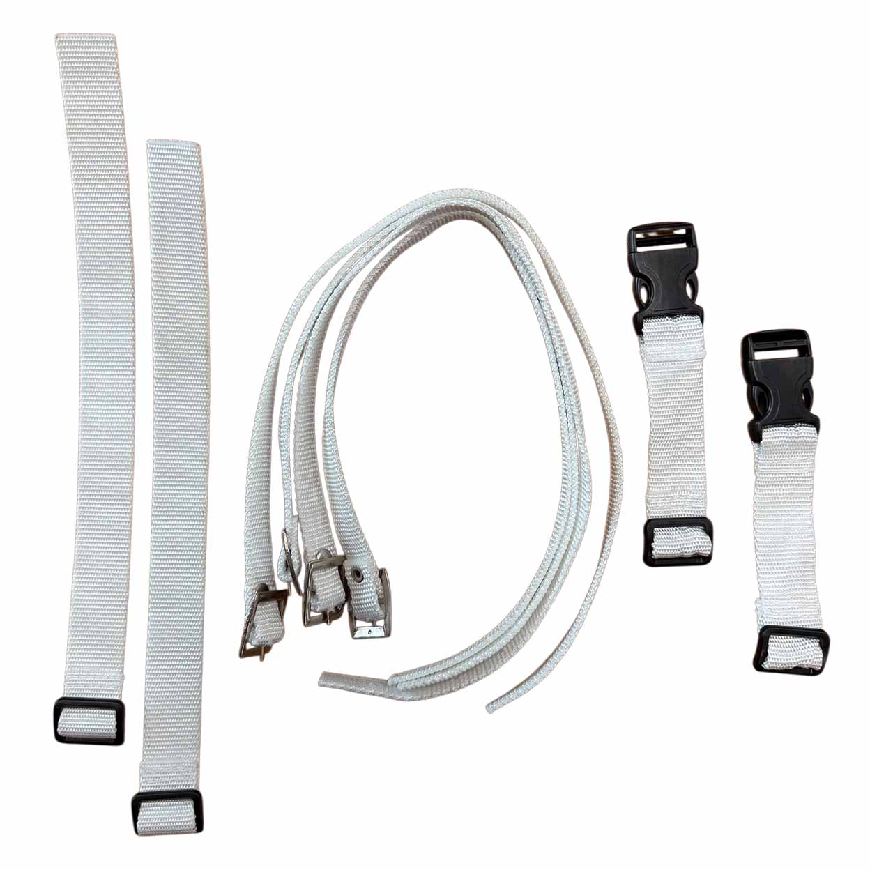 A set of white nylon webbing straps with black plastic quick-release buckles, shown laid out on a plain white background.