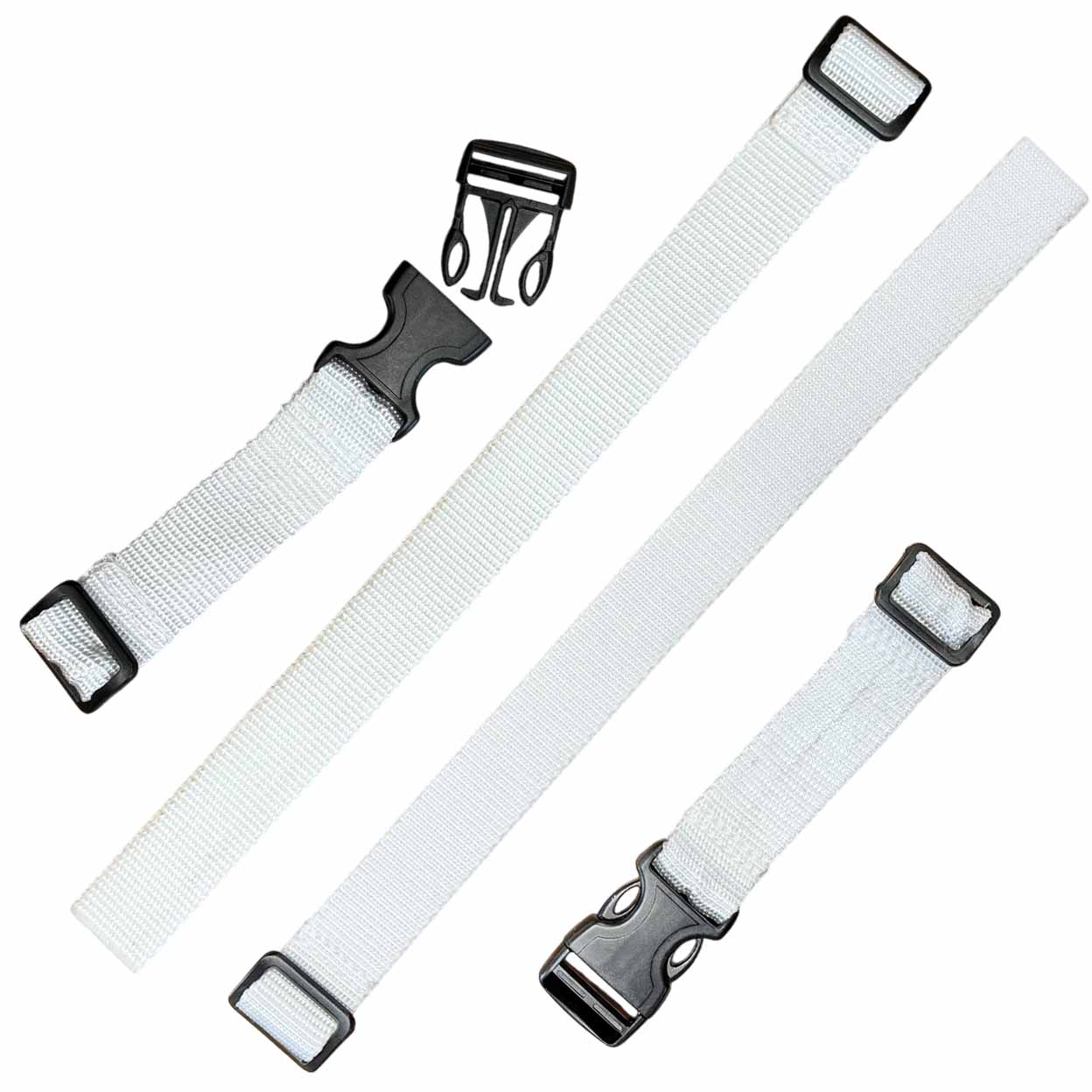 Four white nylon webbing straps with black plastic quick-release buckles, shown on a plain white background. One buckle is shown detached above the straps.