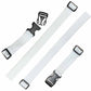 Four white nylon webbing straps with black plastic quick-release buckles, shown on a plain white background. One buckle is shown detached above the straps.