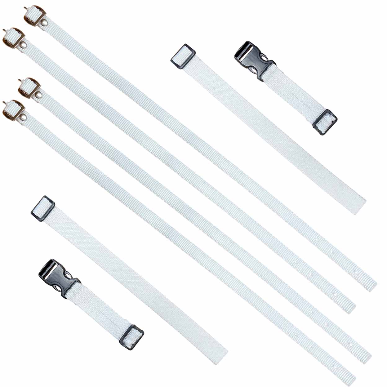 White nylon webbing straps with black plastic quick-release buckles, shown on a plain white background. 