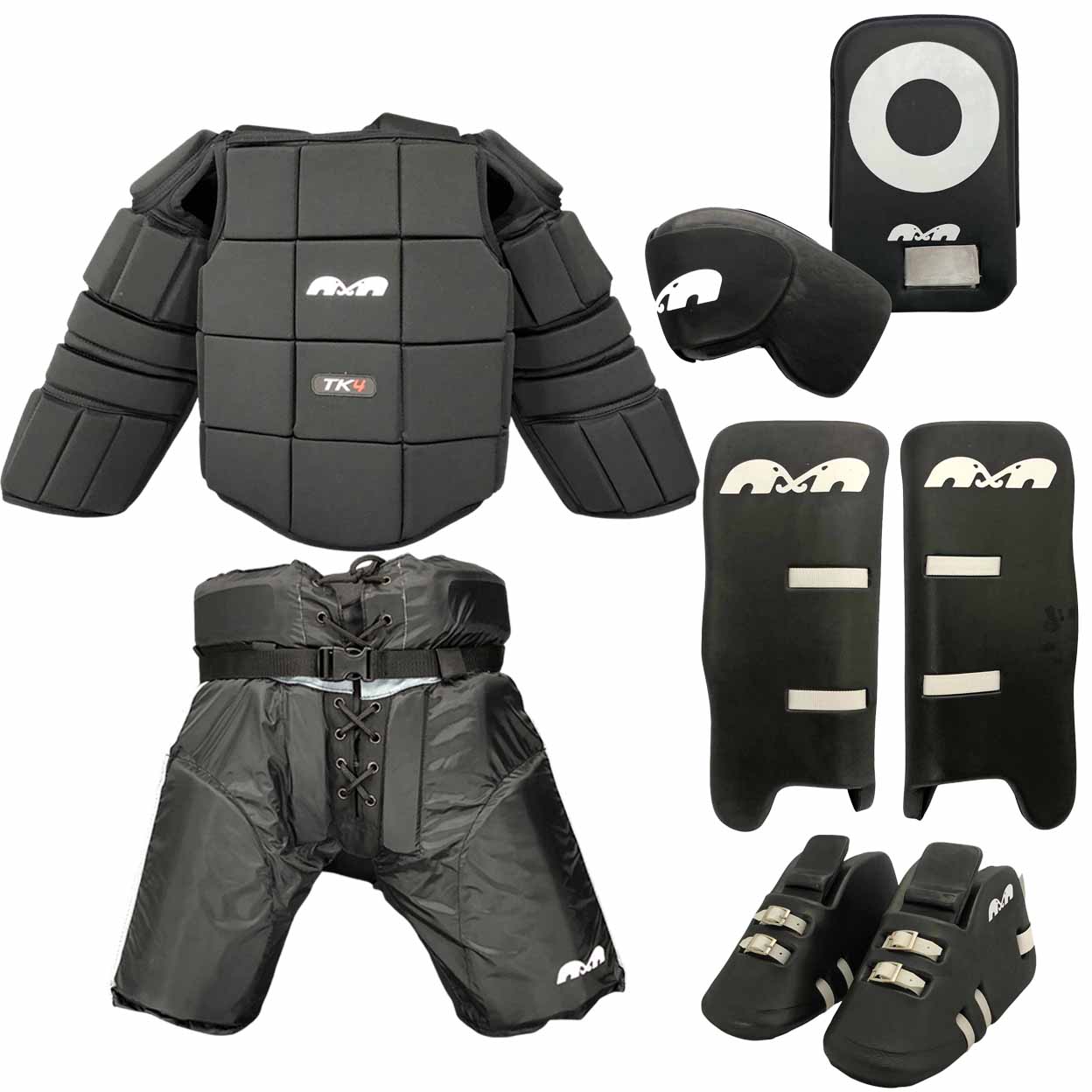 Complete goalie gear set of chest guard, pants, hand protectors, leg guards, and kickers.