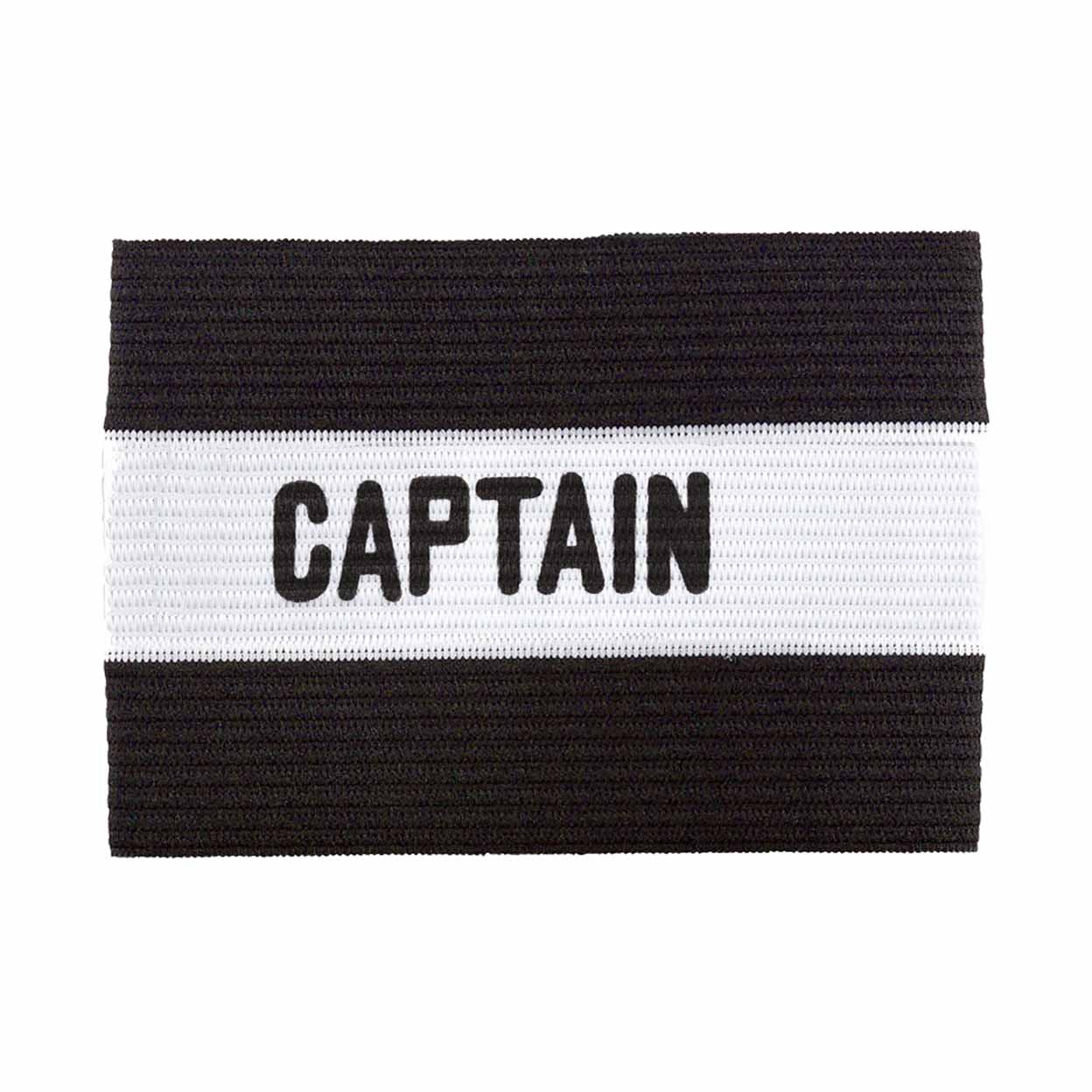 Black and white captain's armband with 'CAPTAIN' text on a white background
