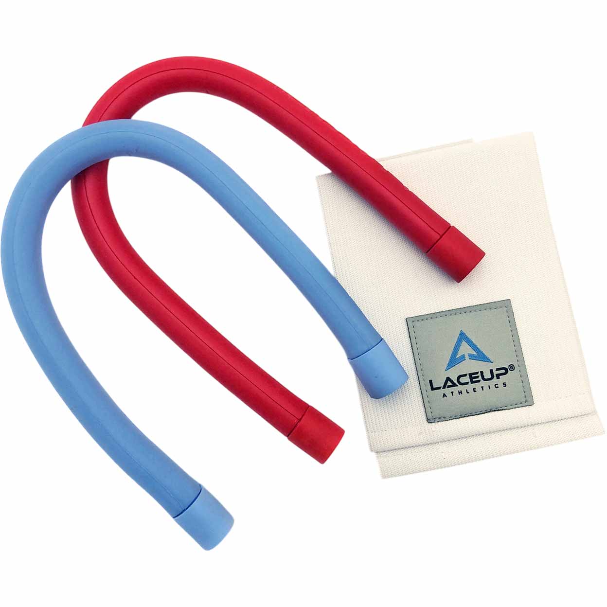 Two weight bands, one red and one blue, with a white wrap featuring a 'LaceUp Athletics' logo on a white background.