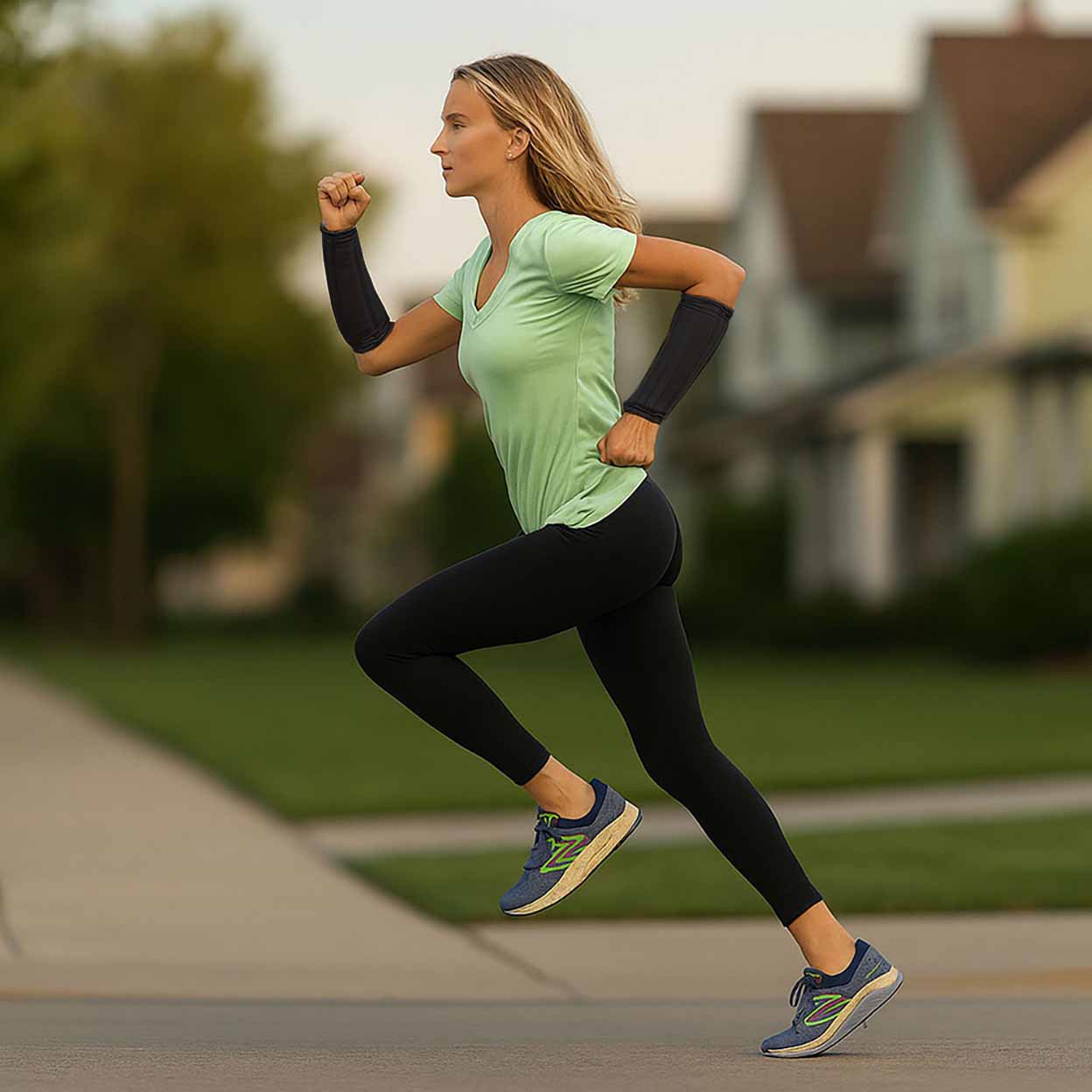 Woman running outdoors on a suburban street wearing a pair of weighted arm sleeves.