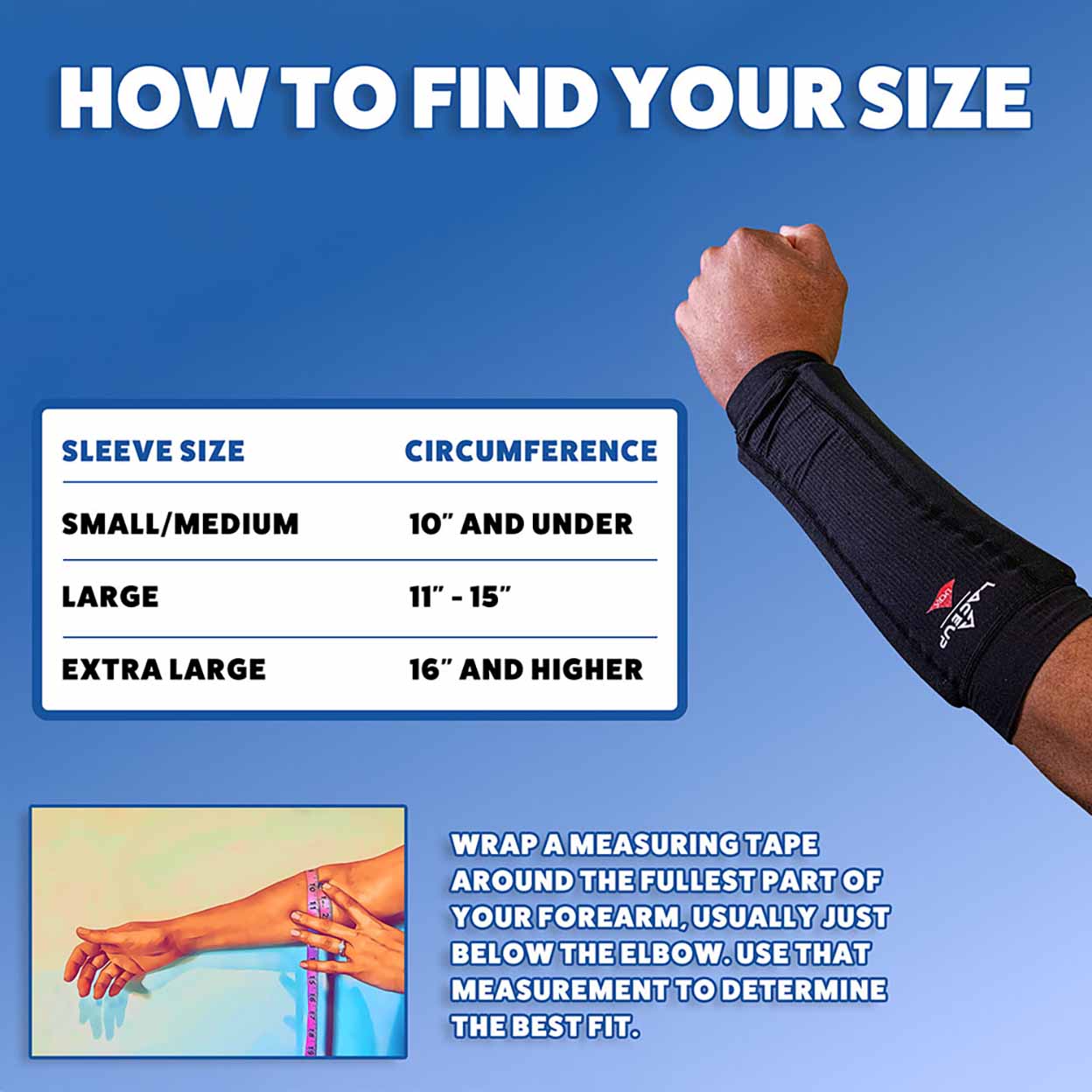 Instructions on how to find the right sleeve size with a measurement chart and arm wearing a black sleeve against a blue background.
