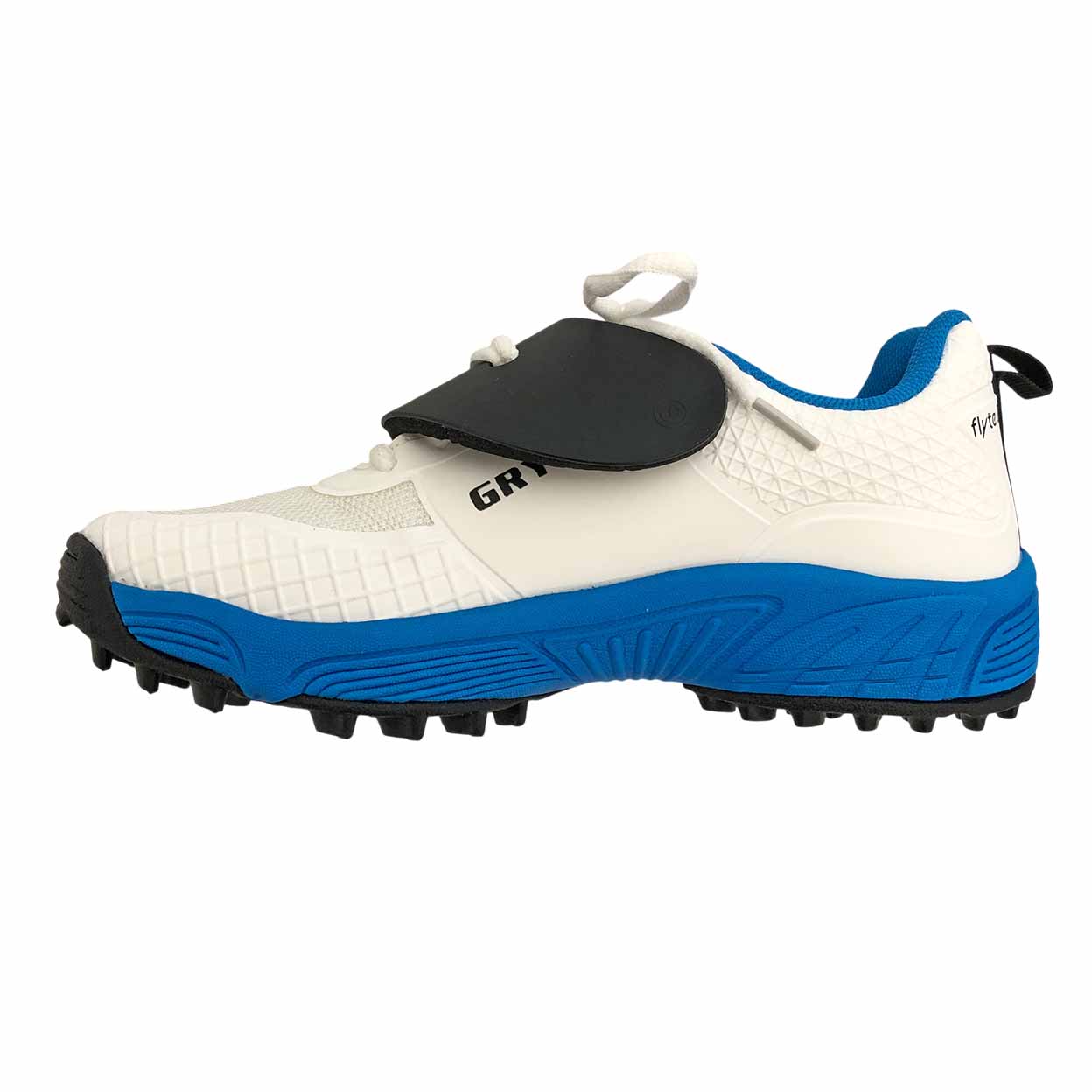 White and blue sports shoe with black cleats on a white background