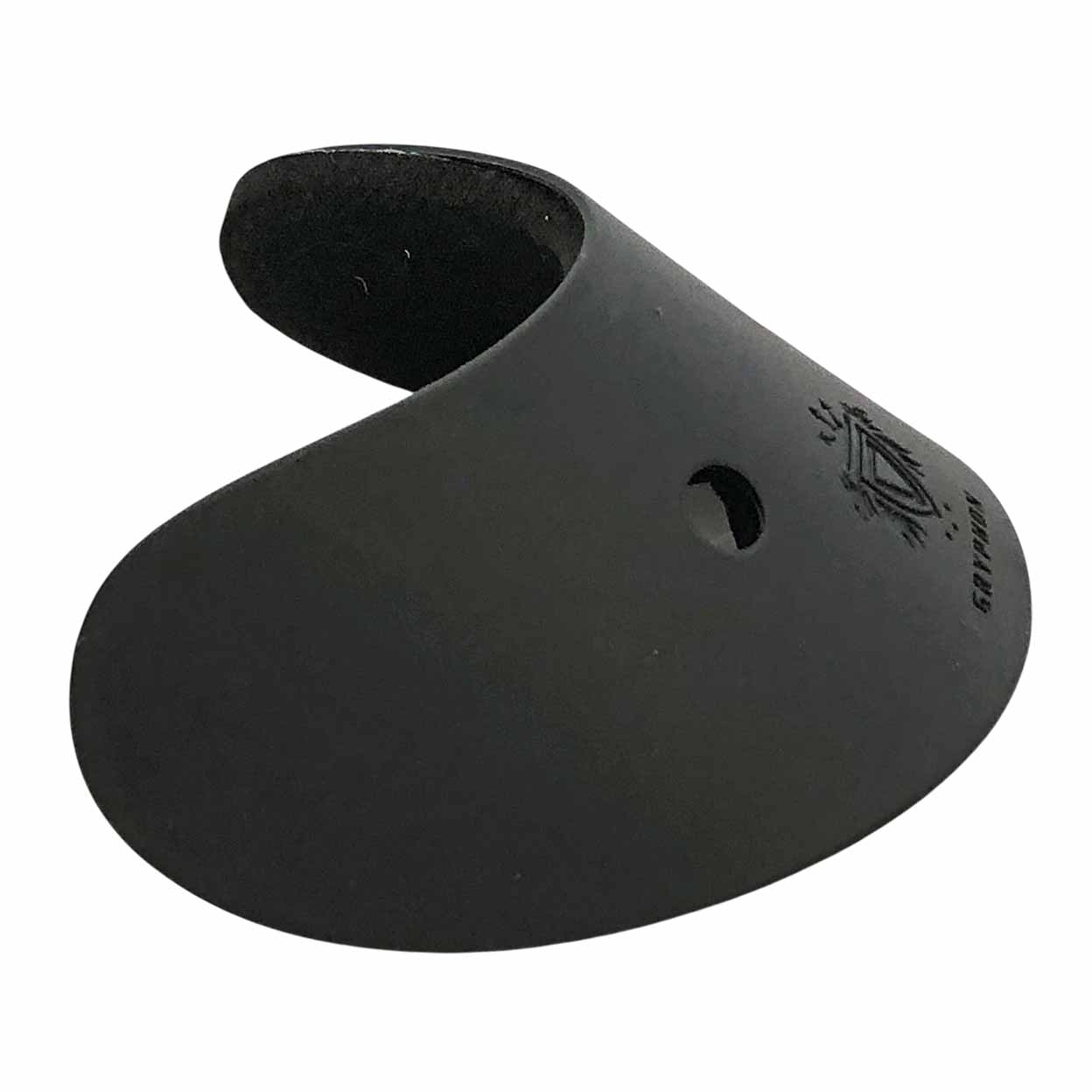 Black protective gear component on a white background