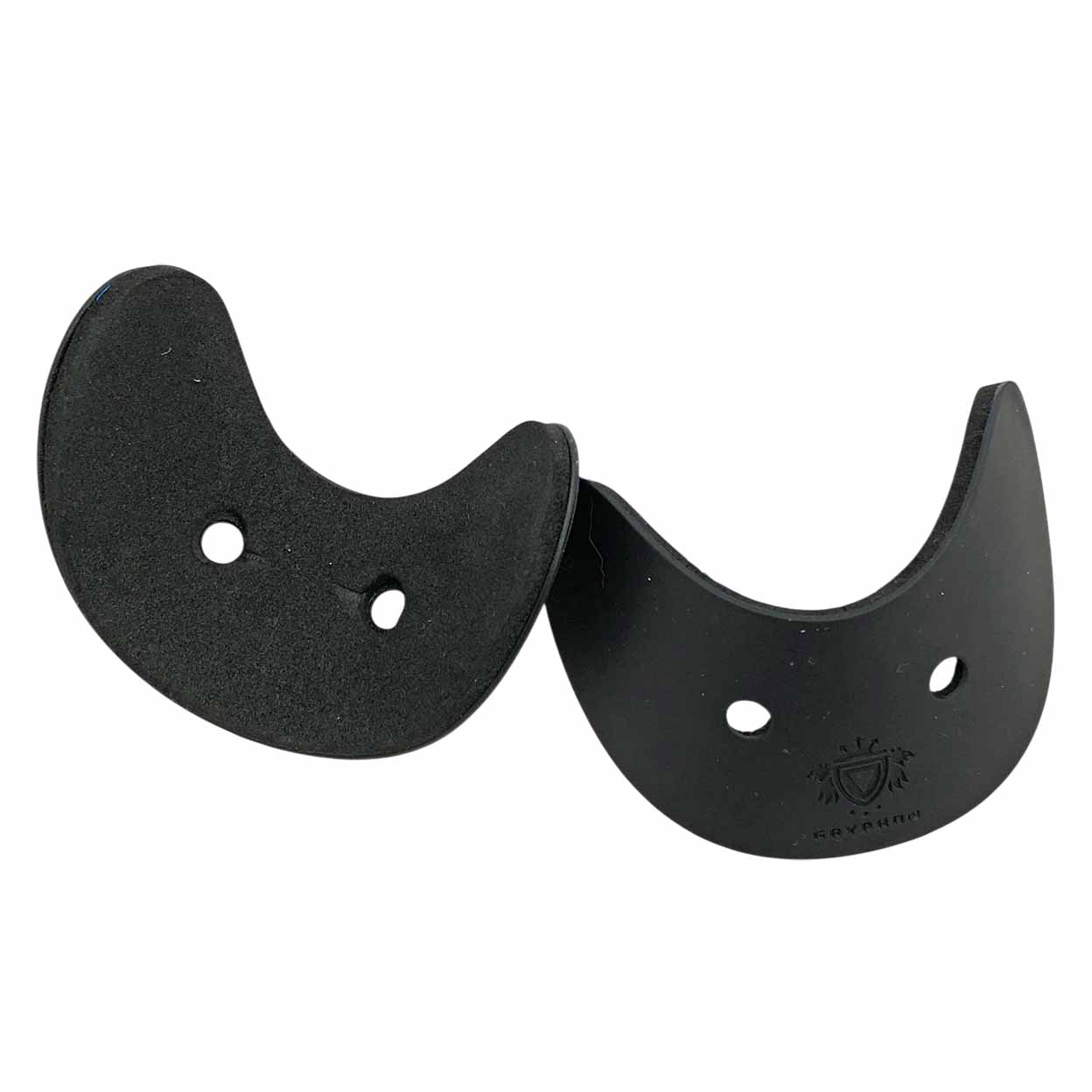 Two black crescent-shaped objects with a brand logo on a white background