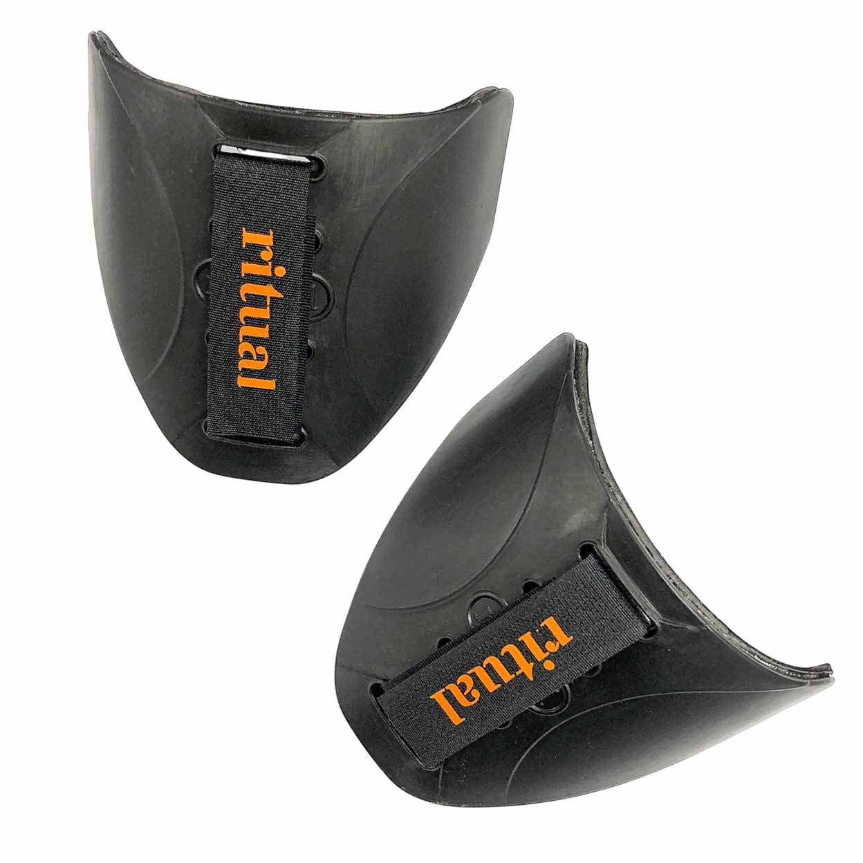 Two black protective gear pieces with 'ritual' branding on a white background