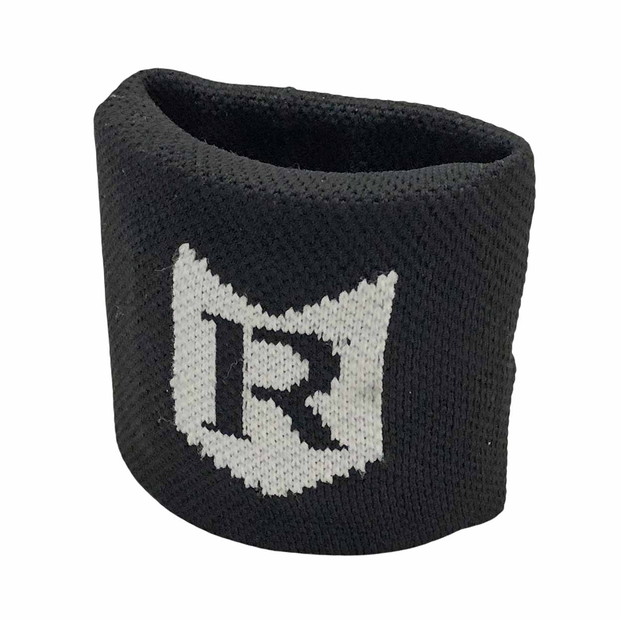 Black knitted wristband with a logo on a white background