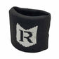Black knitted wristband with a logo on a white background