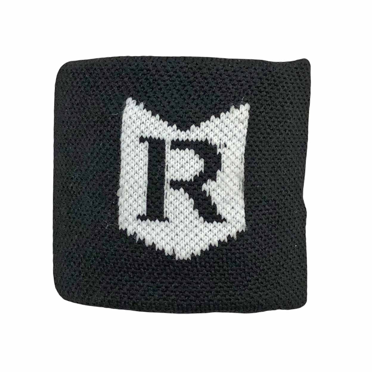 Black wristband with a white logo on a white background