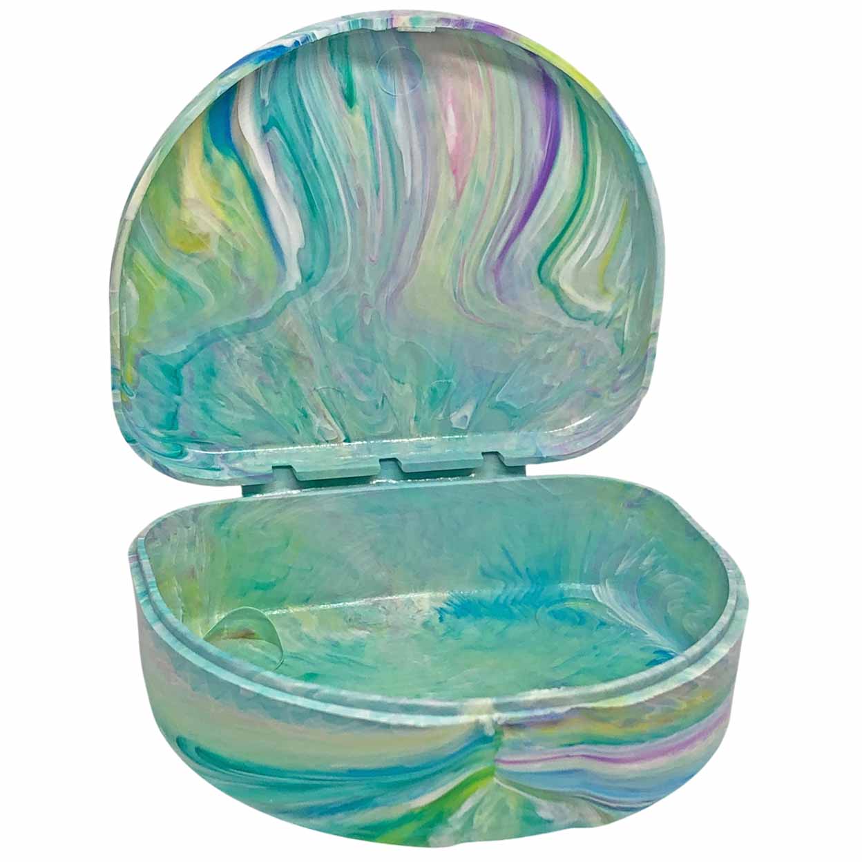 An open plastic mouthguard case with a marbled swirl pattern in shades of teal, green, blue, purple, and white, set against a plain white background.