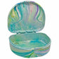 An open plastic mouthguard case with a marbled swirl pattern in shades of teal, green, blue, purple, and white, set against a plain white background.