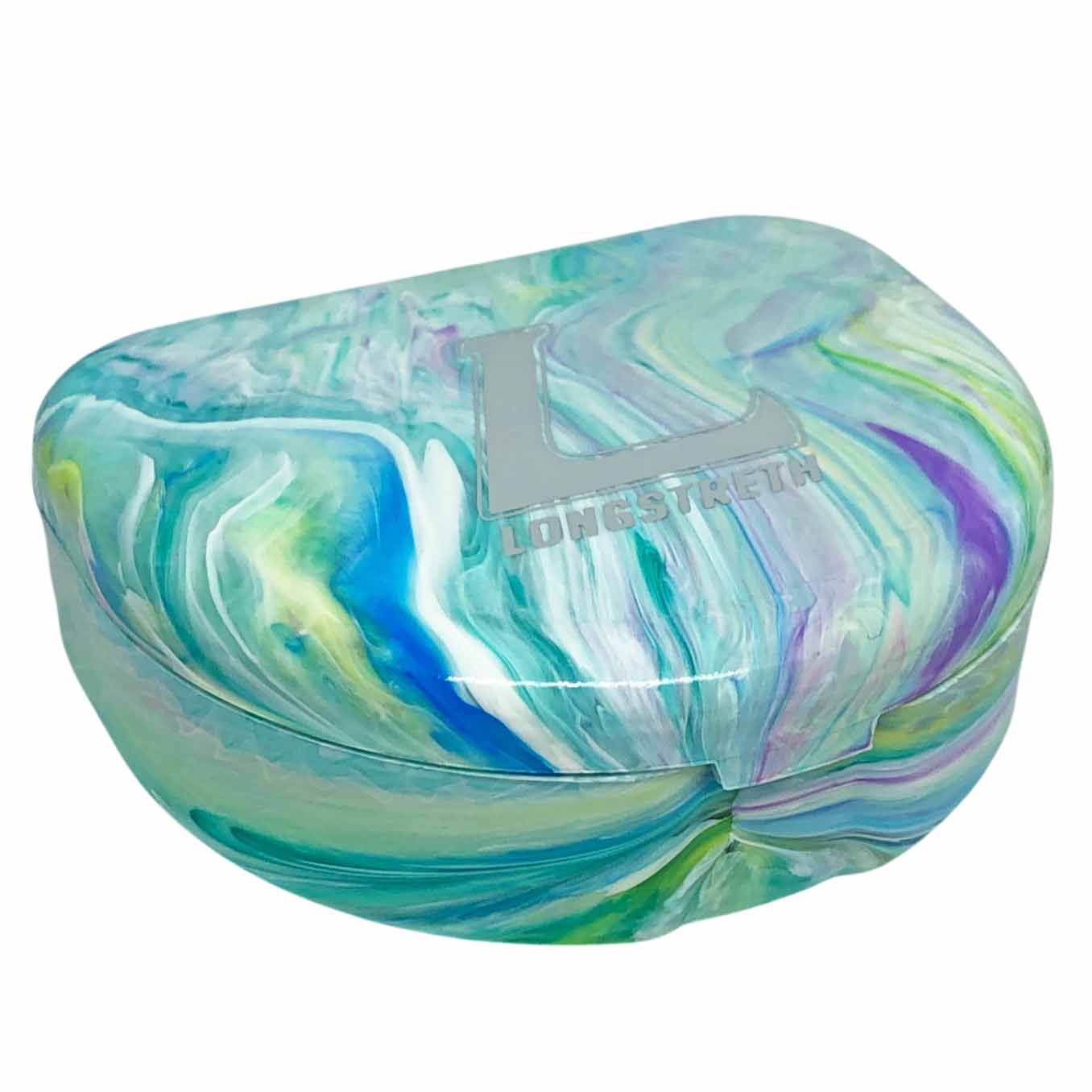A marbled mouthguard case with swirling patterns of teal, green, blue, purple, and white, featuring a silver metal 'L' logo and the brand name 'LONGSTRETH' on the lid, set against a plain white background.