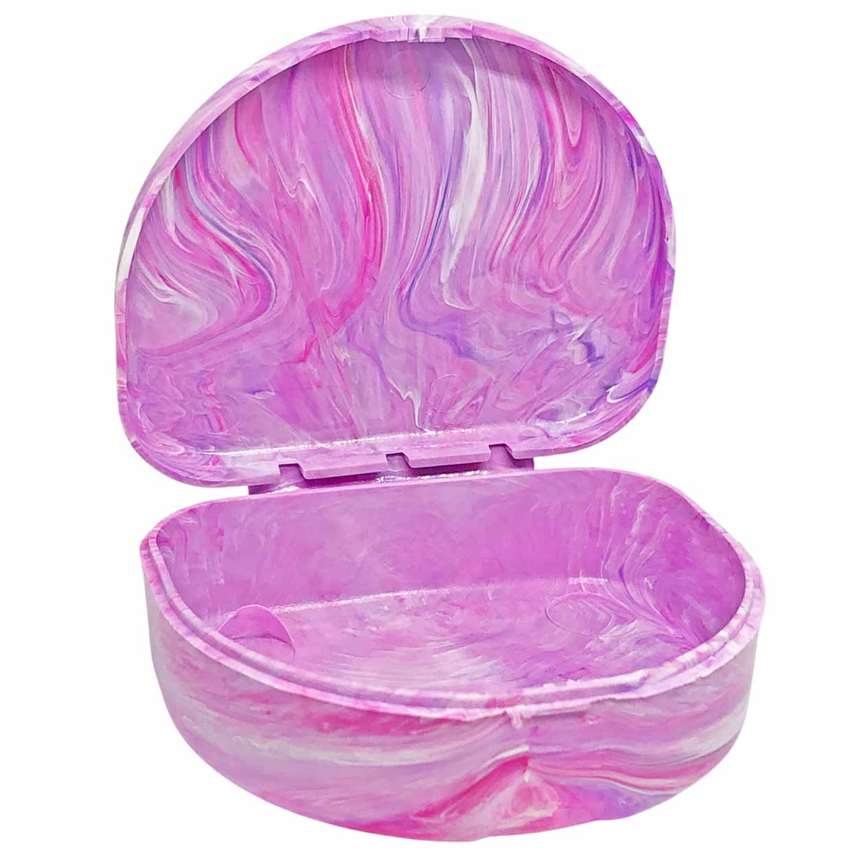A mouthguard case with a hinged lid, shown open against a plain white background. The exterior and interior feature a marbled swirl pattern in shades of pink, purple, and white.