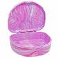 A mouthguard case with a hinged lid, shown open against a plain white background. The exterior and interior feature a marbled swirl pattern in shades of pink, purple, and white.