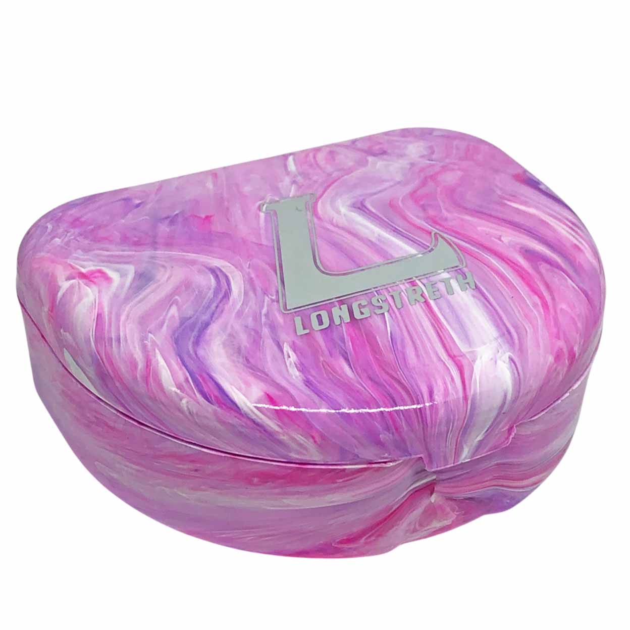 A mouthguard case with a pink, purple, and white marbled pattern, featuring a silver metallic 'L' monogram and the brand name 'LONGSTRETH' on the front, set against a plain white background.