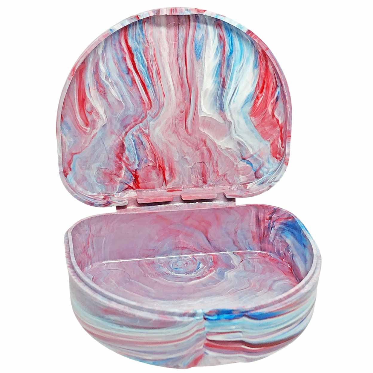 A mouthguard case shown open, featuring a marbled swirl pattern in pink, red, blue, and white on a plain white background.