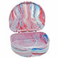 A mouthguard case shown open, featuring a marbled swirl pattern in pink, red, blue, and white on a plain white background.