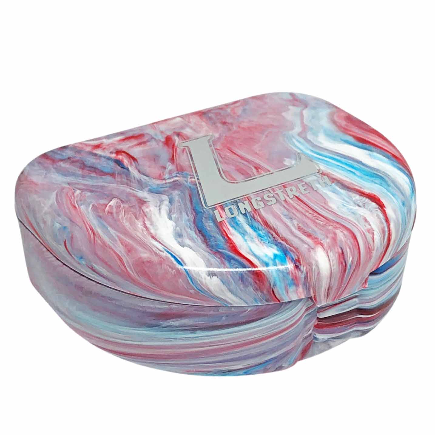 A mouthguard case with a marbled resin pattern in red, blue, white, and pink, featuring a silver metallic 'L' logo and the brand name 'LONGSTRETH' on the lid, set against a plain white background.