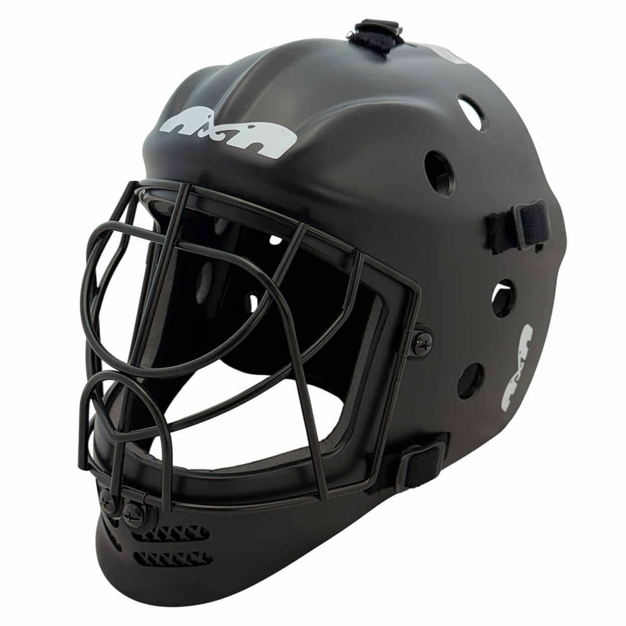 Black hockey goalie mask with metal face cage, side ventilation holes, and white logo on the forehead and cheek. The mask has adjustable straps for a secure fit.
