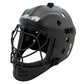 Black hockey goalie mask with metal face cage, side ventilation holes, and white logo on the forehead and cheek. The mask has adjustable straps for a secure fit.