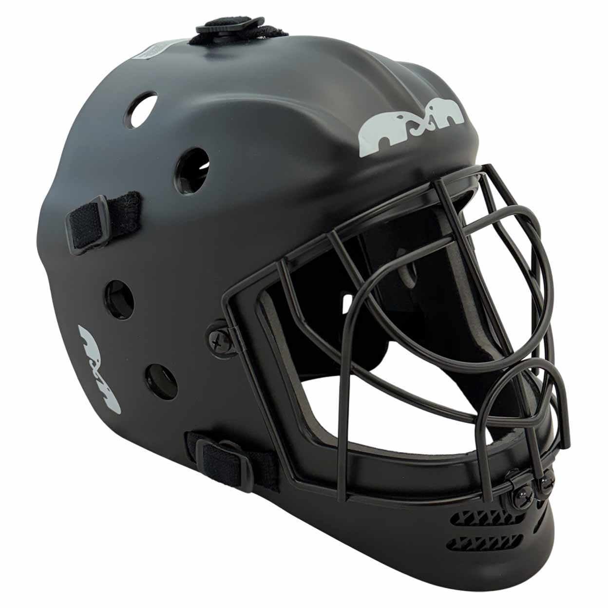 Black field hockey goalie mask with a metal face cage, ventilation holes, and adjustable straps, shown at an angle on a white background.