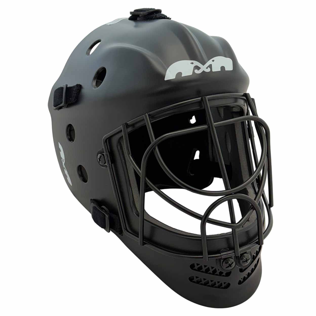 Black field hockey goalie helmet with a protective wire face cage, ventilation holes, and adjustable straps, shown against a white background.