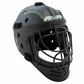 Black field hockey goalie helmet with a protective wire face cage, ventilation holes, and adjustable straps, shown against a white background.