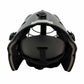 Black protective sports helmet with metal face guard, viewed from the back. The interior padding and strap are visible, along with adjustable side straps and top ventilation holes.