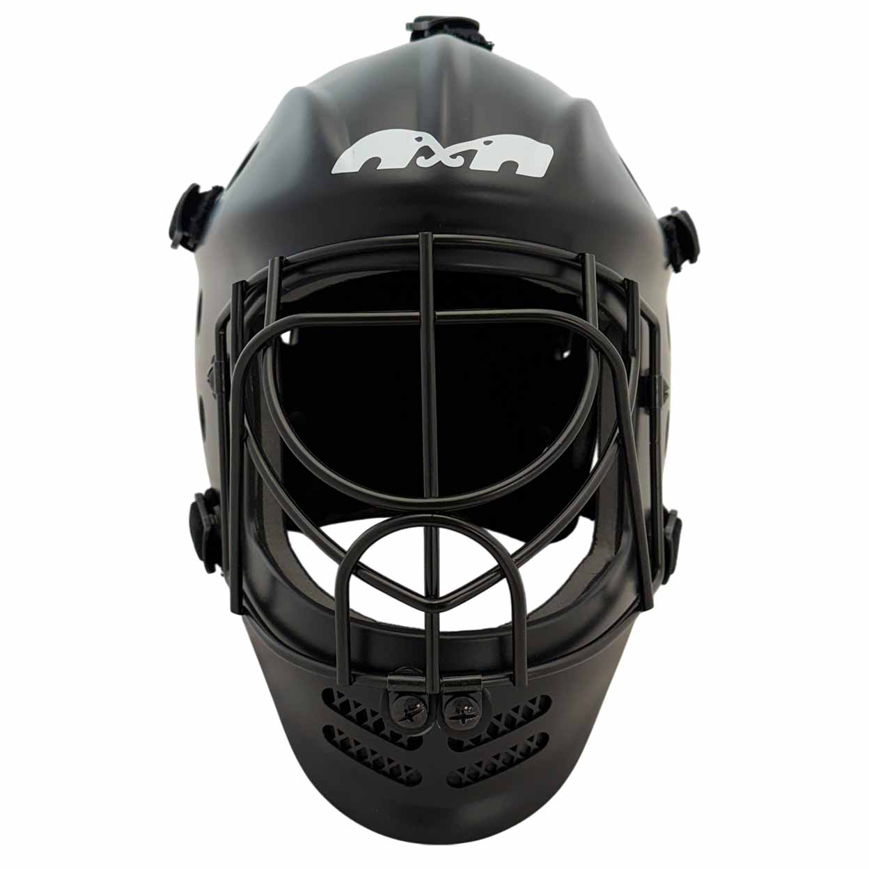 A black field hockey helmet with metal face bars and a white logo of two elephants on the forehead area, shown from the front.