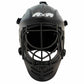 A black field hockey helmet with metal face bars and a white logo of two elephants on the forehead area, shown from the front.