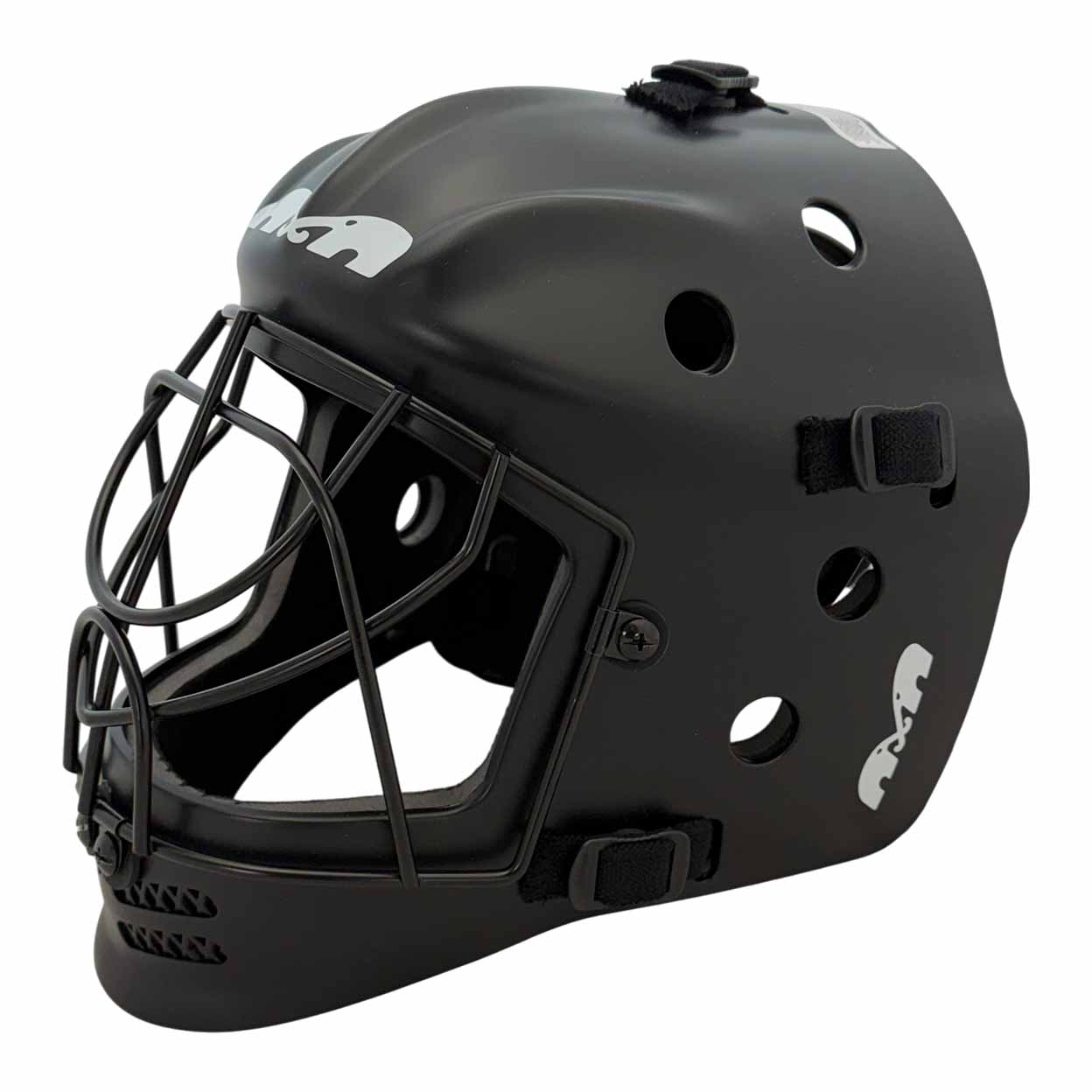 Black hockey goalie mask with a metal face cage, ventilation holes, and adjustable straps. White logos are visible on the forehead and sides of the helmet. The background is white.