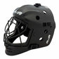 Black hockey goalie mask with a metal face cage, ventilation holes, and adjustable straps. White logos are visible on the forehead and sides of the helmet. The background is white.