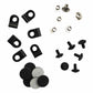 Collection of black and silver metal fasteners on a white background