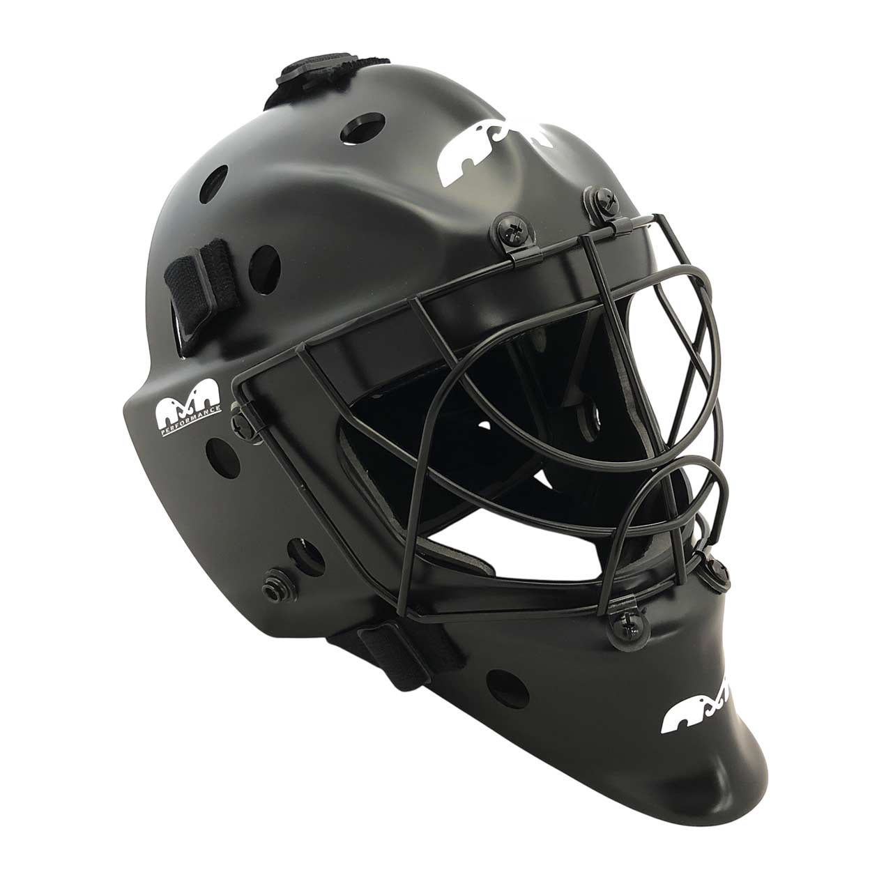 Front-left angled view of the TK Performance goalkeeping helmet with cage detailing.