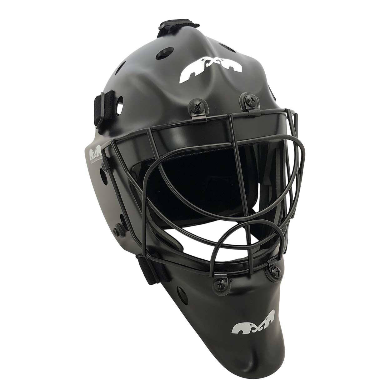 Matte black TK Performance goalkeeping helmet with a stainless-steel face cage seen from a front‑angled view