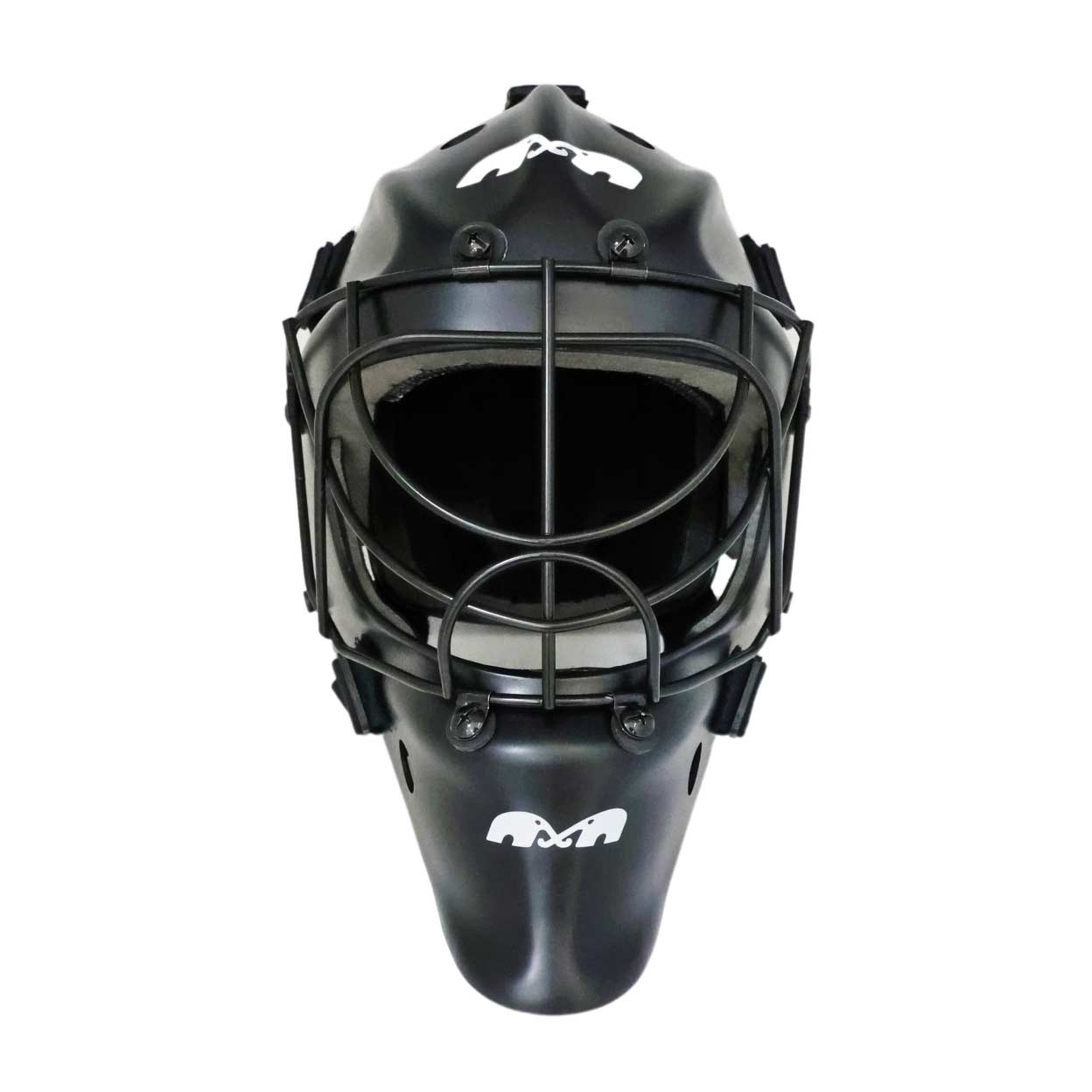 Front view of the TK Performance goalkeeping helmet with wide black face cage and chin protector.