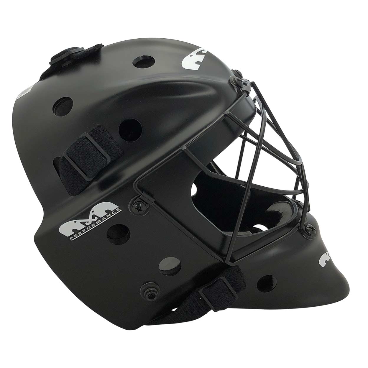 Left side view of the matte black TK Performance goalkeeping helmet showing full cage and profile fit