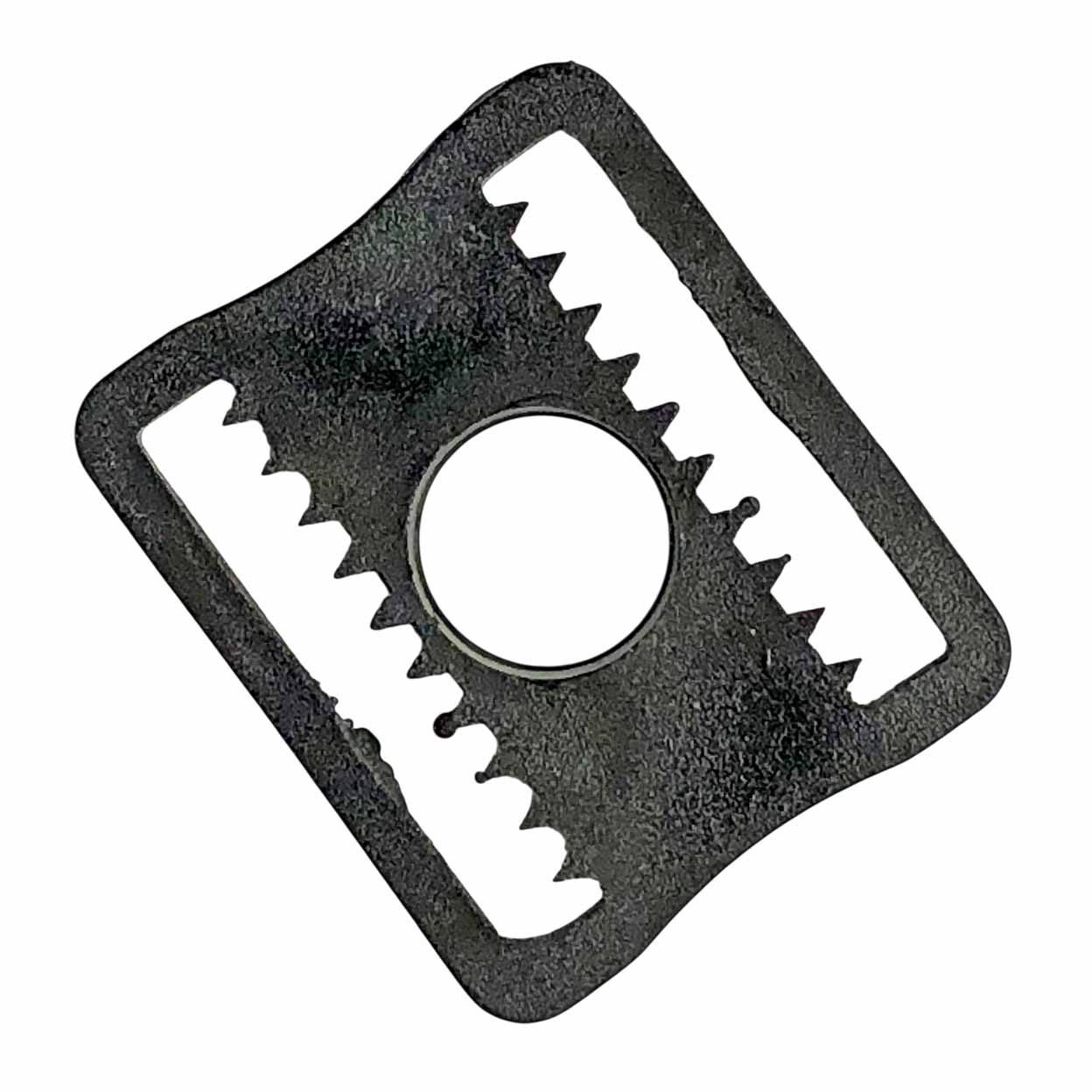 black plastic replacement parts with a circular center hole and serrated edges, arranged on a plain white background.