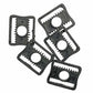 Five black plastic replacement parts with a circular center hole and serrated edges, arranged on a plain white background.