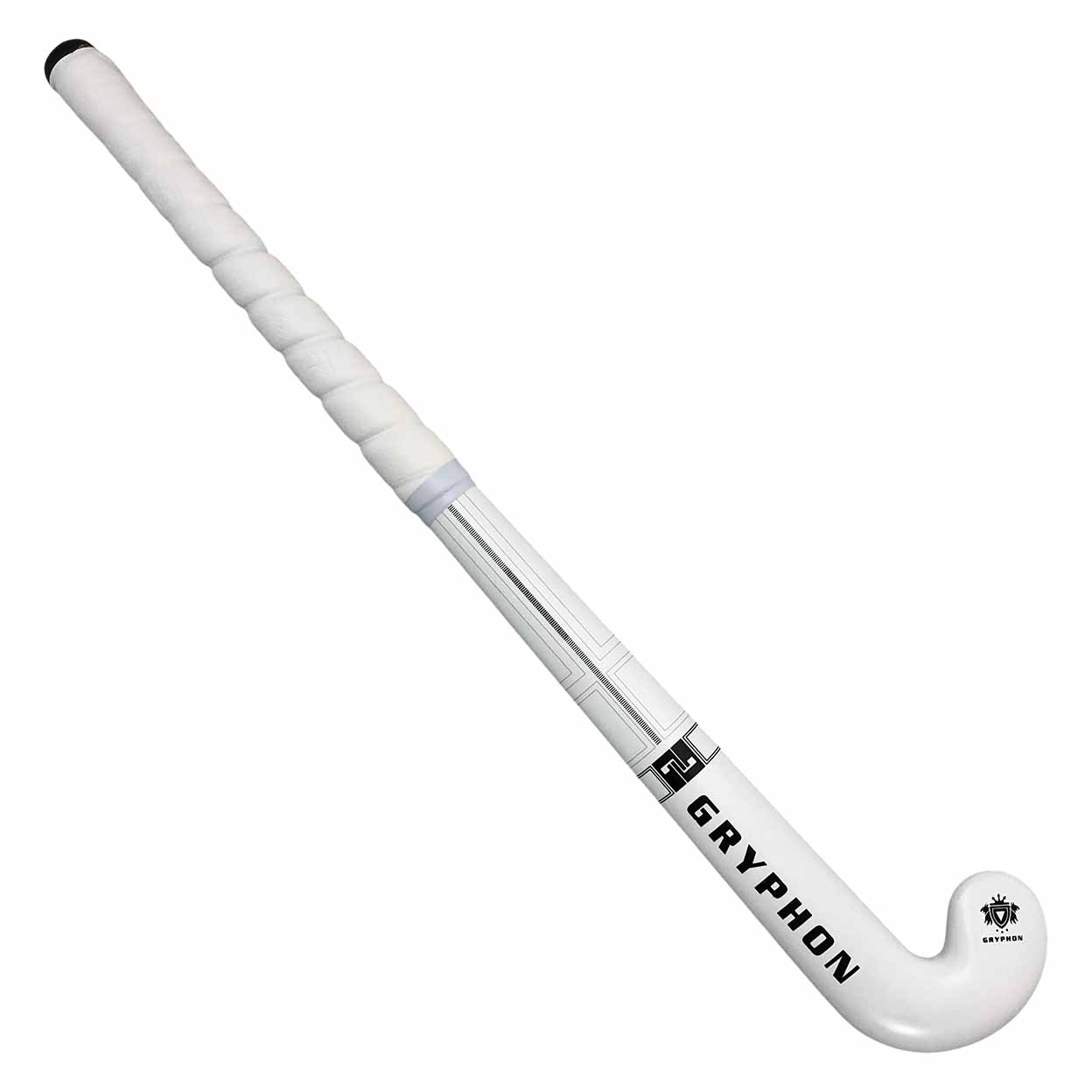 black and white hockey stick with 'Gryphon' branding on a white background