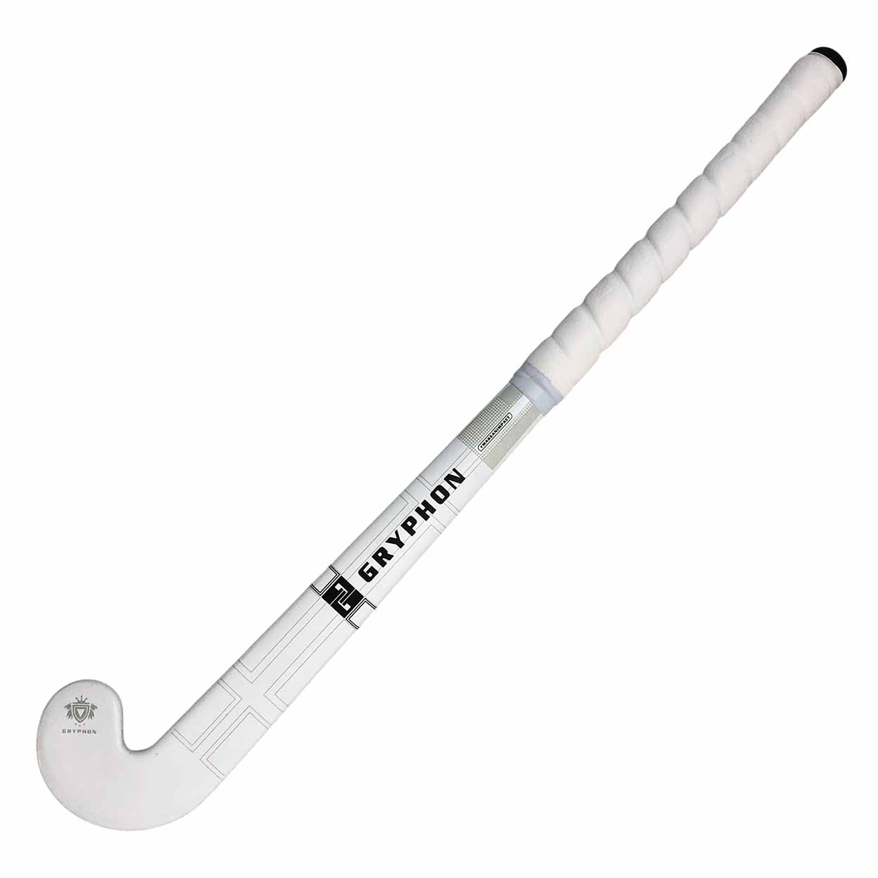 black and white hockey stick with 'Gryphon' branding on a white background