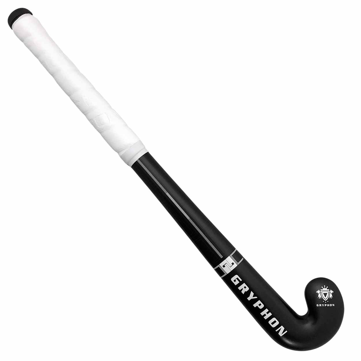 Hockey stick with white handle and black shaft on a white background, featuring the Gryphon logo.