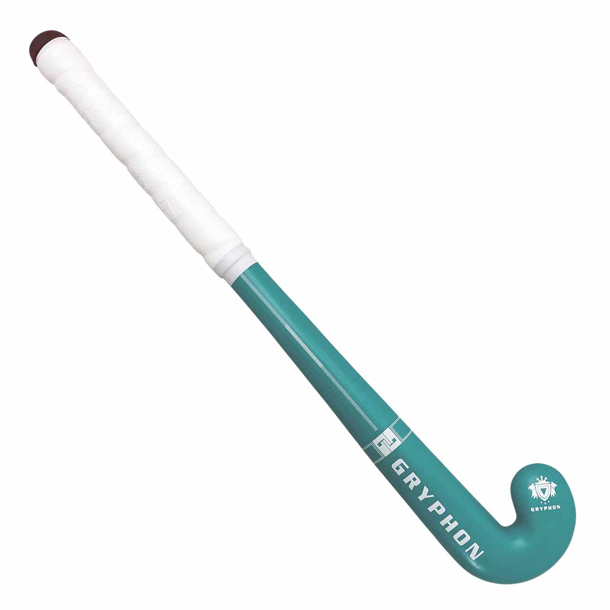 Teal and white hockey stick with 'Gryphon' branding on a white background