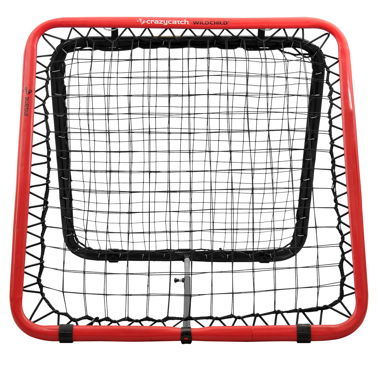 straight on view of the red (insane) side of the Crazy Catch Wild Child 2.0 Rebounder