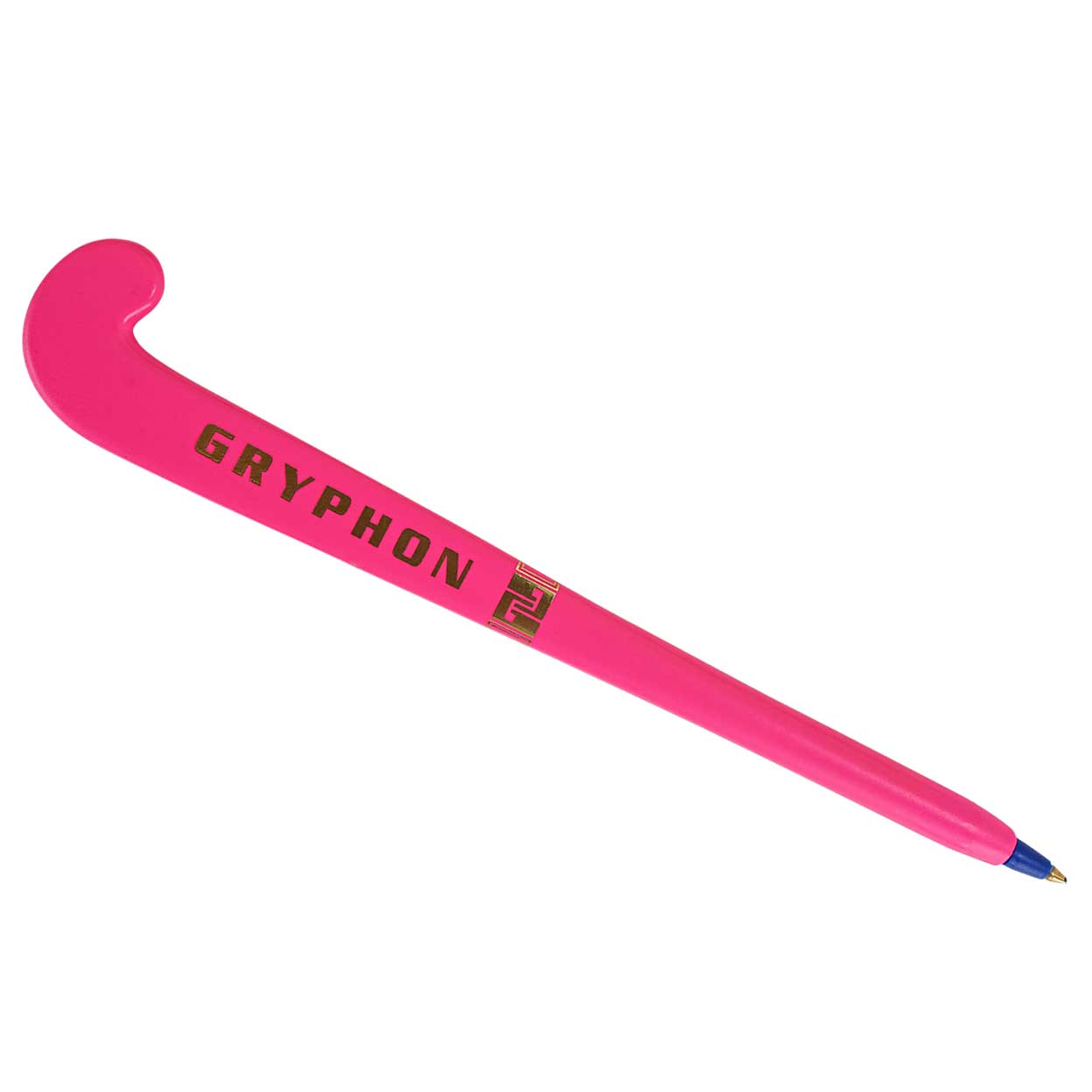pink field hockey stick pen with the cap off.